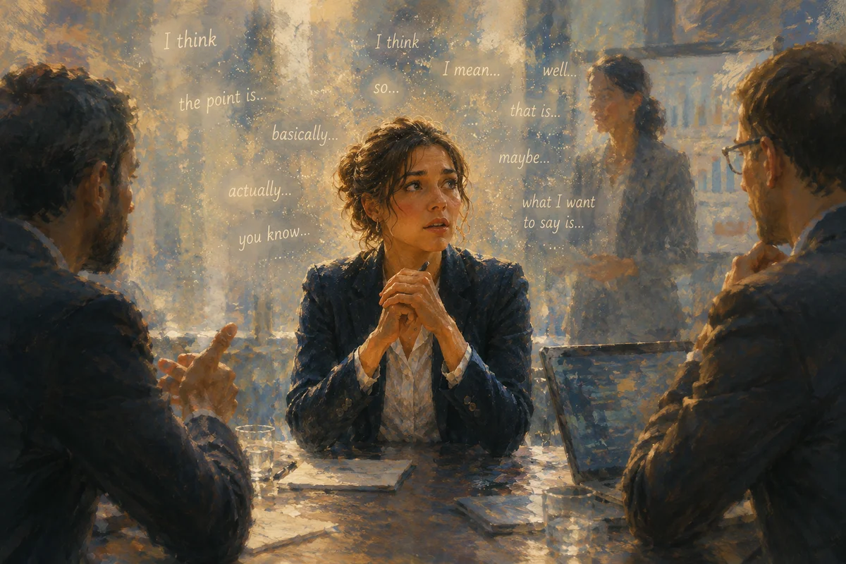 Young woman has speaking anxiety in a meeting