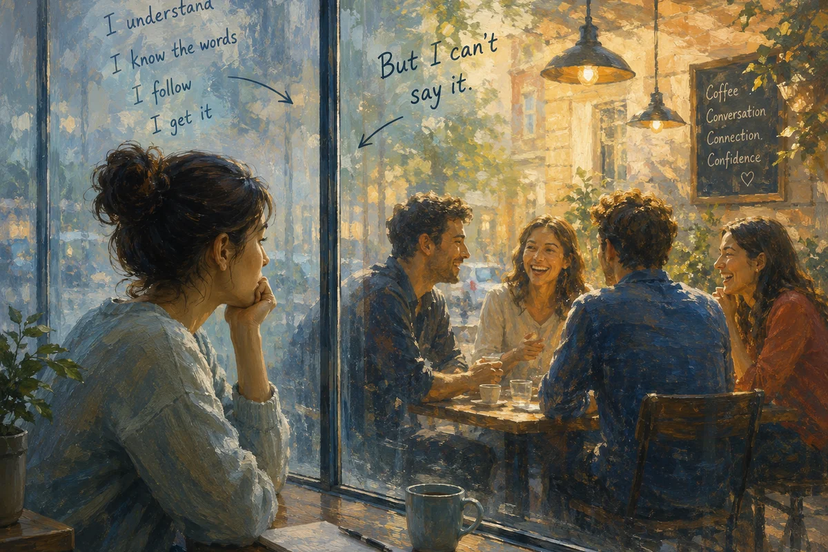 Young woman gazes through a window at speakers on the other side